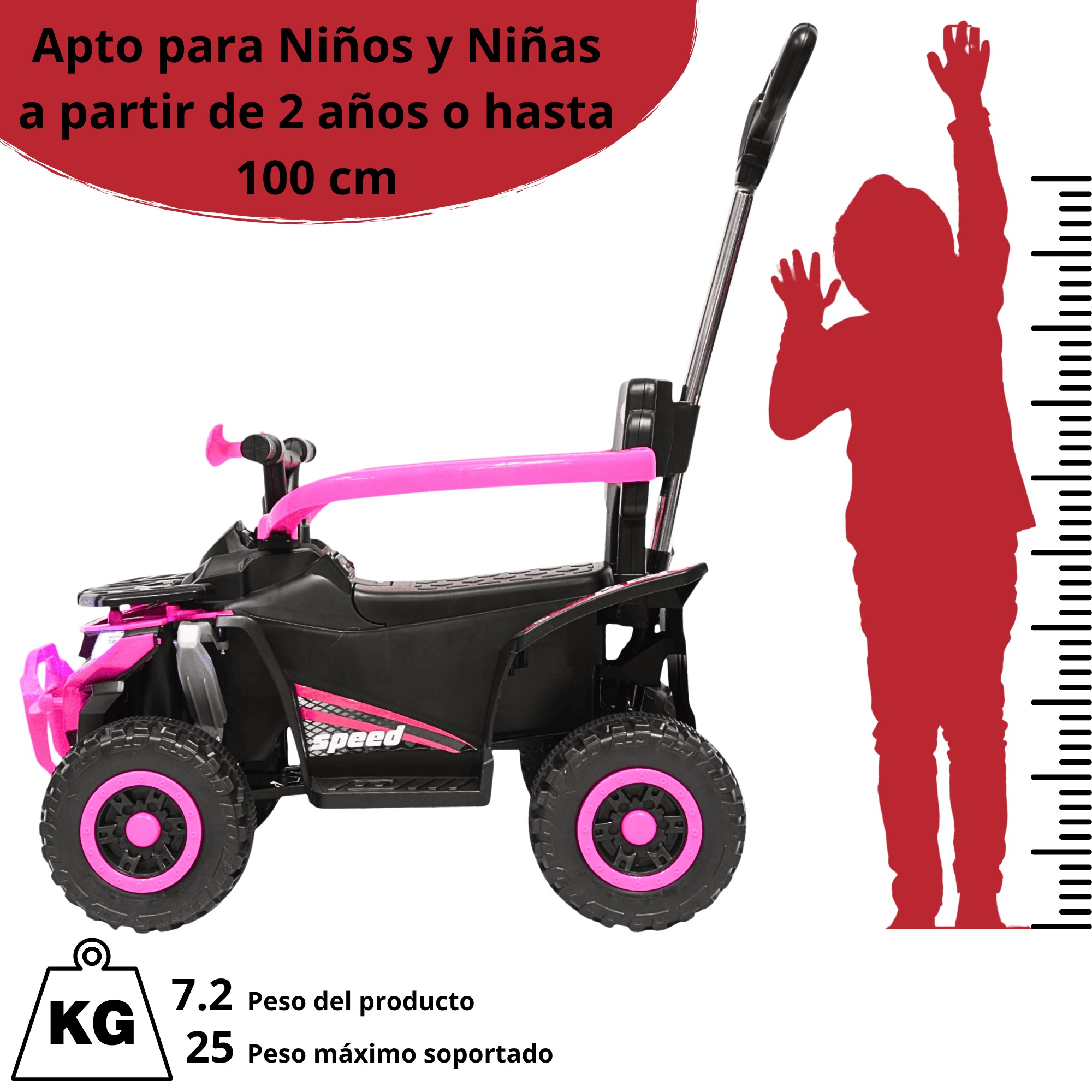 Montable Electrico para Ni&ntilde;os H&iacute;brido con Bast&oacute;n Dirigible Pedal Acelerador Barras de Seguridad Luces Bater&iacute;a 6v - Rosa image number null