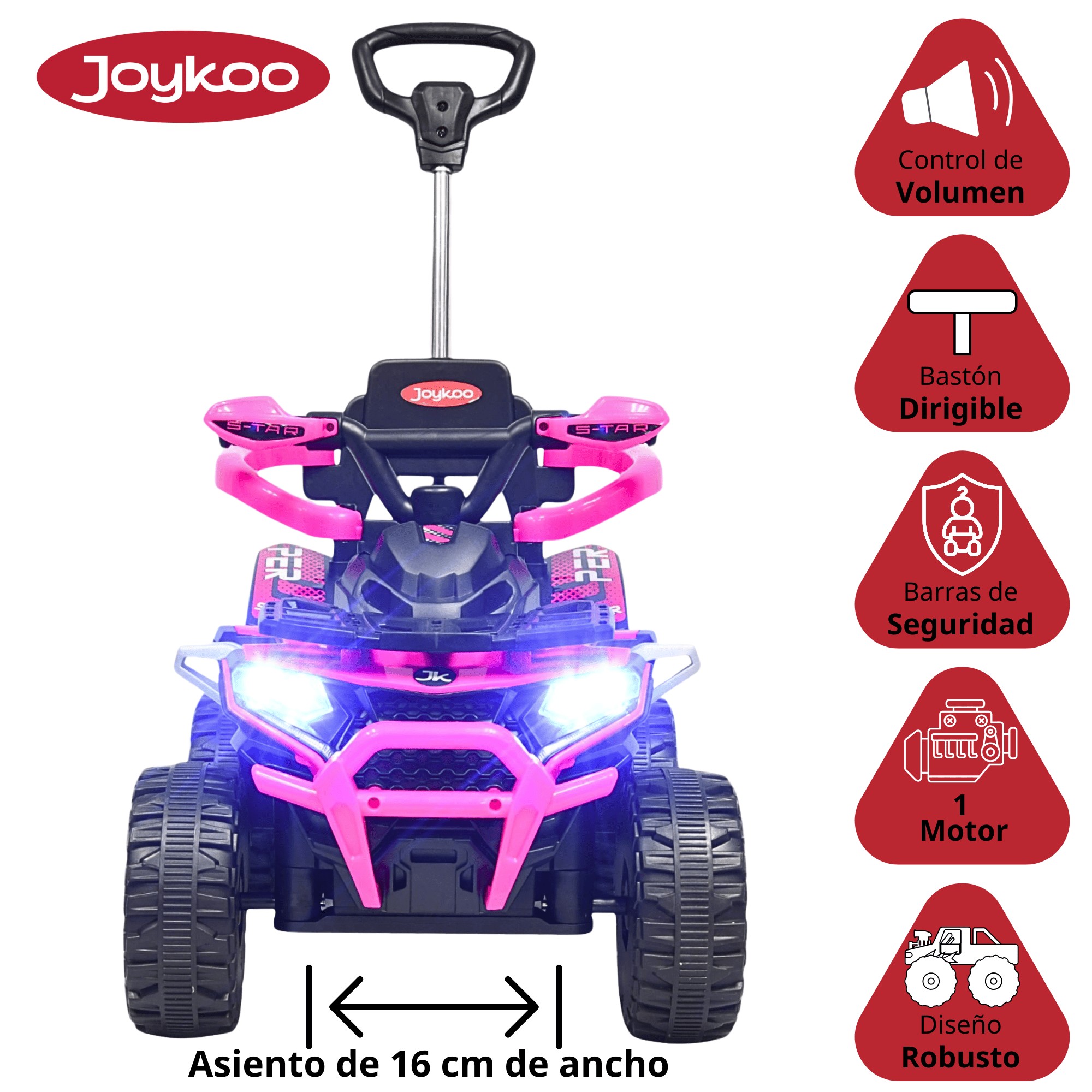 Montable Electrico para Ni&ntilde;os H&iacute;brido con Bast&oacute;n Dirigible Pedal Acelerador Barras de Seguridad Luces Bater&iacute;a 6v - Rosa image number null