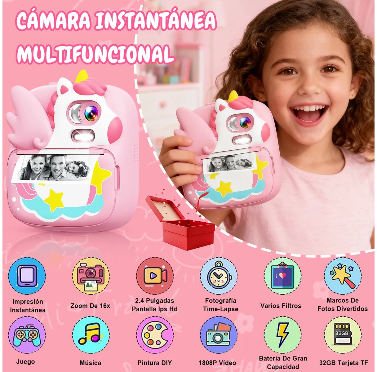 C&aacute;mara Digital Para Ni&ntilde;os Hd Fotos Imprimible Instant&aacute;nea Rosa image number null