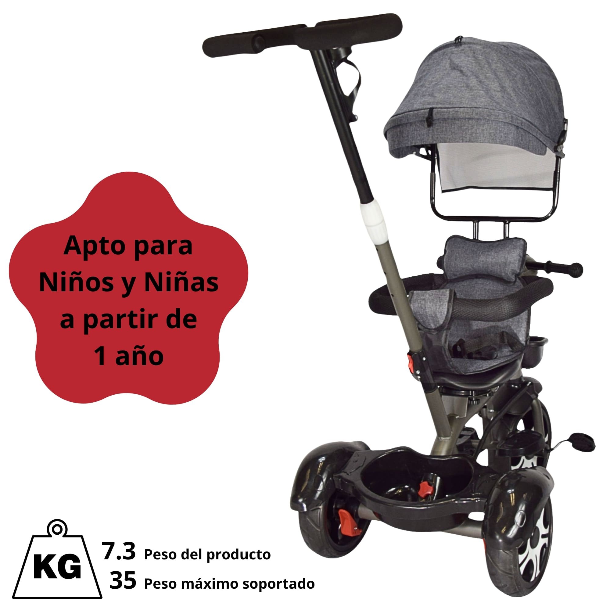Triciclo para Ni&ntilde;os Evolutivo Asiento Giratorio 360 Luz Sonido - GRIS image number null