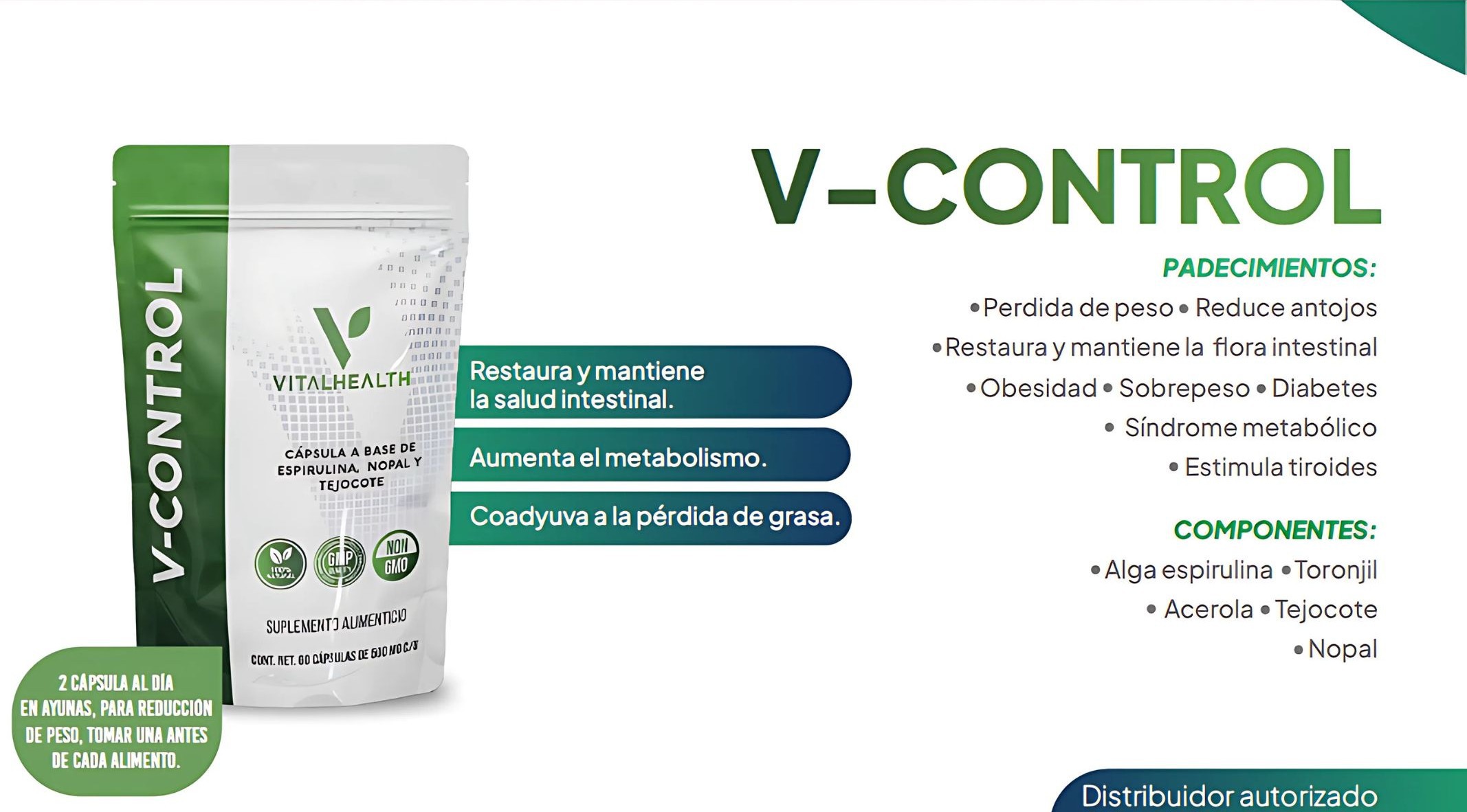 V-Control VitalHealth 60 C&aacute;psulas | Suplemento Natural para Control de Peso Metabolismo y Energ&iacute;a | F&oacute;rmula PremiumExtra image number null