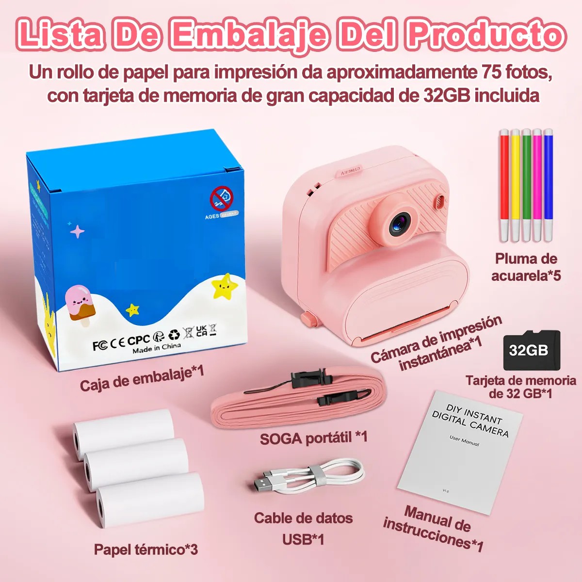 C&aacute;mara Digital Para Ni&ntilde;os 1080p+32gb C&aacute;mara Instant&aacute;nea Foto Rosa image number null