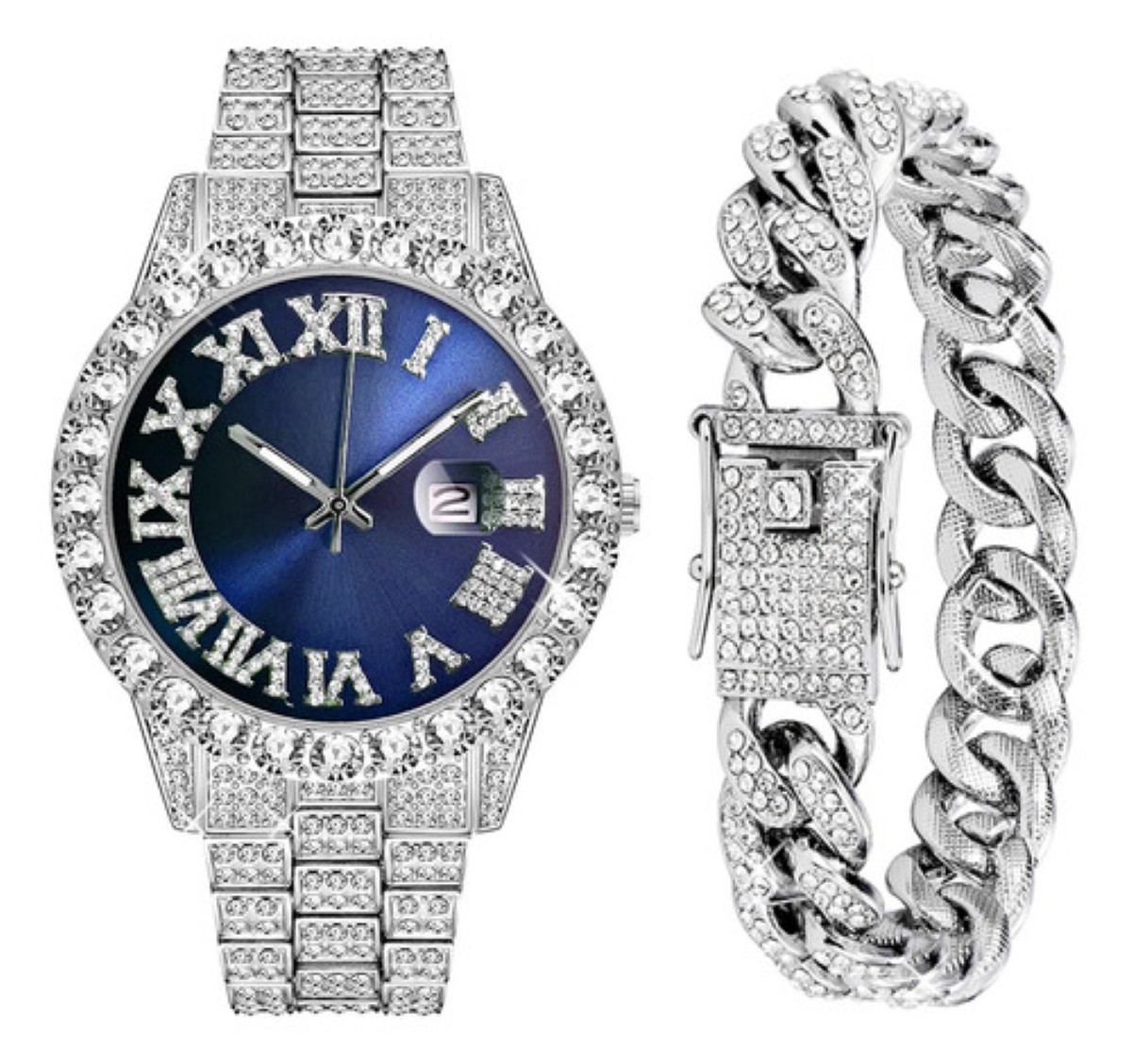 "Reloj De Pulsera De Lujo Con Diamantes Y Brazalete, Unisex Azul Plata " image number null