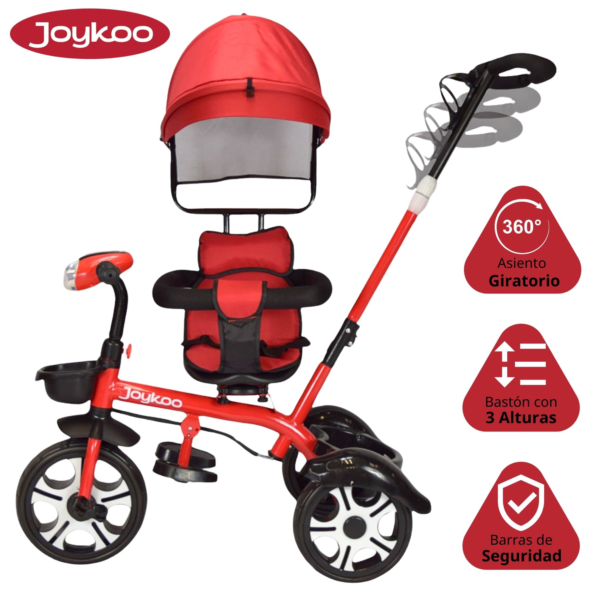 Triciclo Evolutivo para Ni&ntilde;os Giratorio 360 con Luz y Sonido Ruedas de Eva Toldo y Bast&oacute;n de Empuje - Rojo image number null
