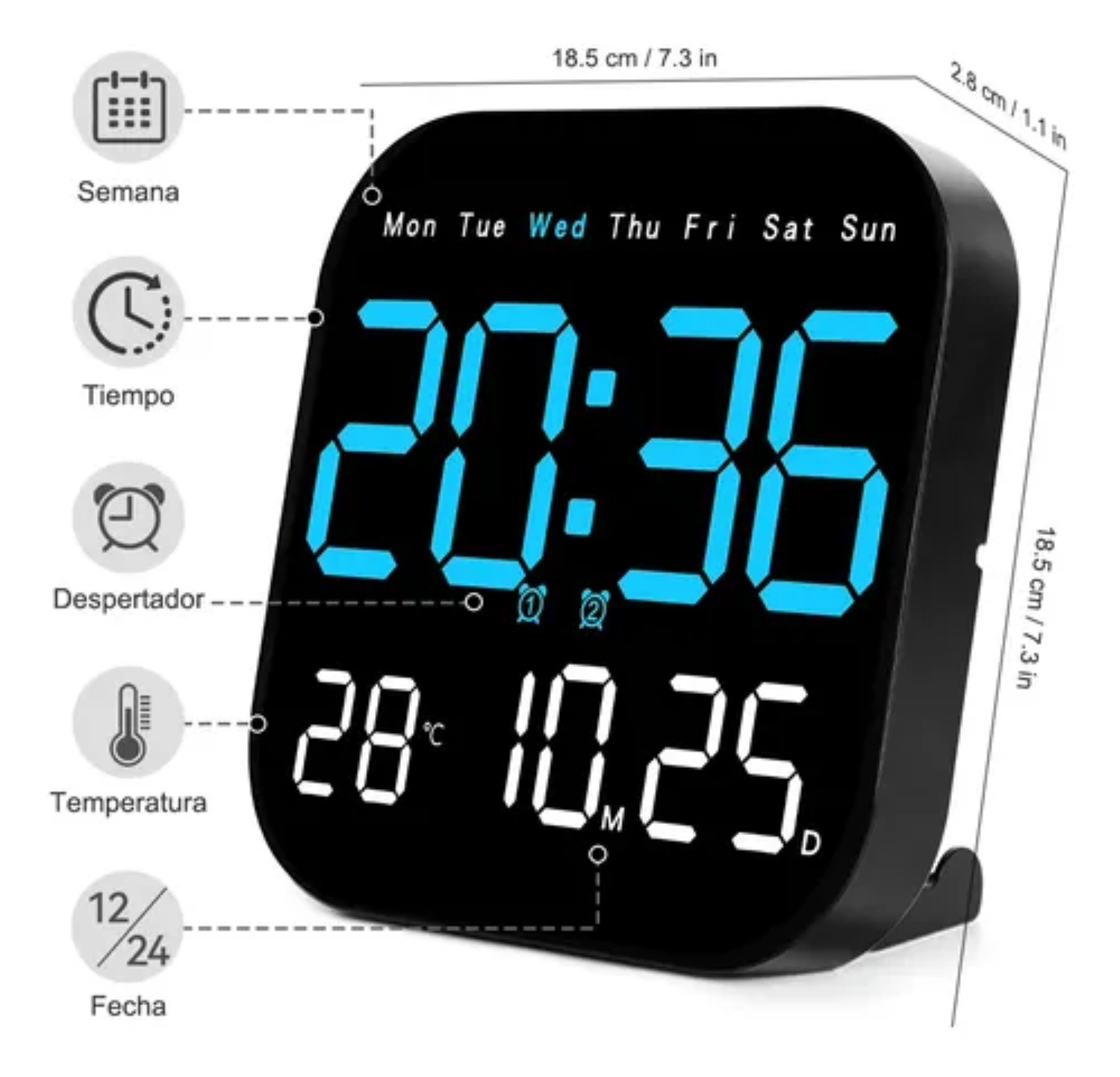 Reloj De Pared Digital Con Term&oacute;metro, Alarmas Y Calendario Negro image number null