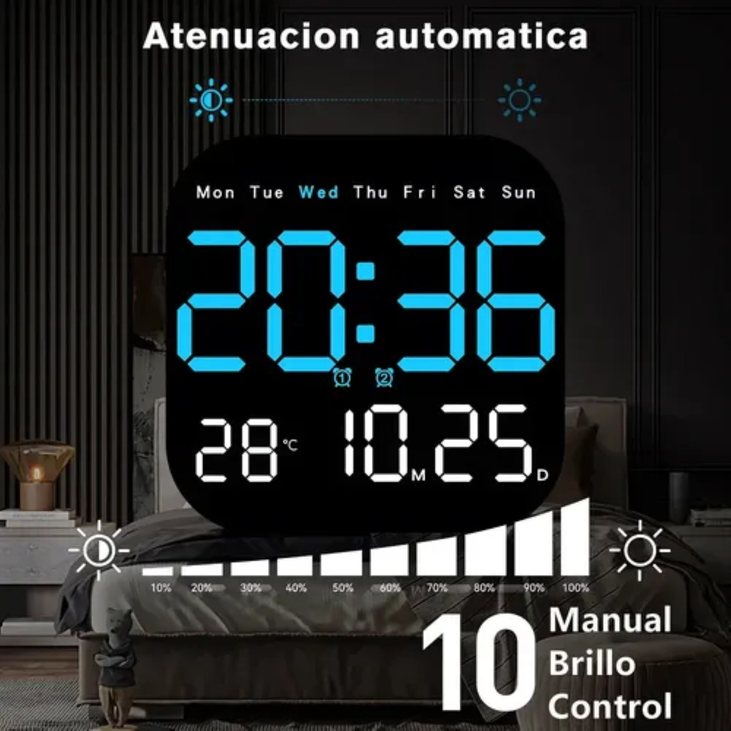 Reloj De Pared Digital Con Term&oacute;metro, Alarmas Y Calendario Negro image number null