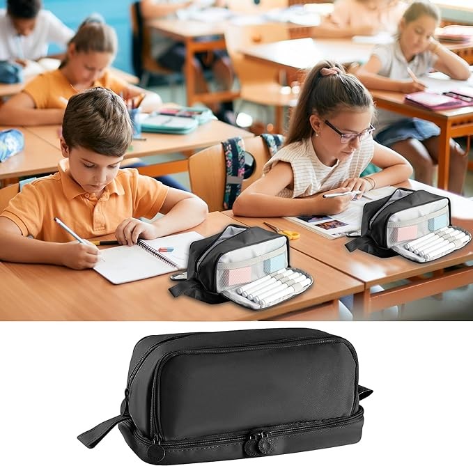 AZULDIMEN Estuche para l&aacute;pices de gran capacidad con 4 compartimentos, estuche para l&aacute;pices con m&uacute;ltiples ranuras, organizador de papeler&iacute;a para el trabajo de oficina escolar (Negro). image number null