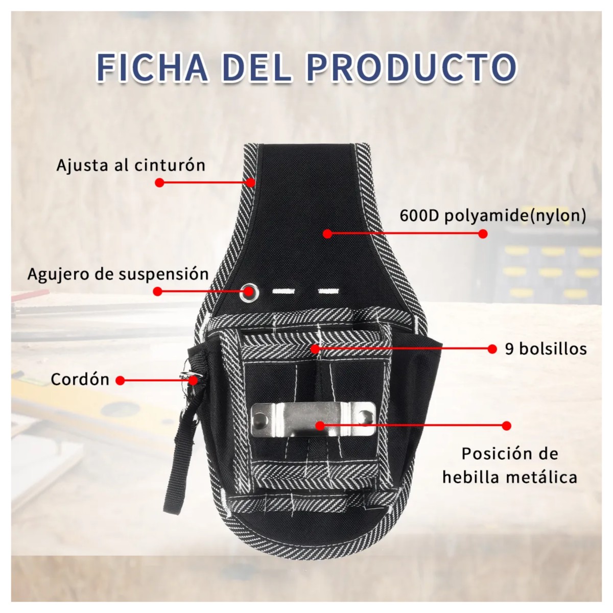 Bolsa Herramientas Ri&ntilde;onera Profesional Con Cintur&oacute;n Negro image number null
