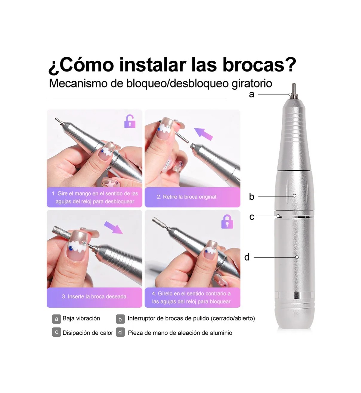 Pulidor De U&ntilde;as Esmeril Profesional Drill Port&aacute;til 45000 Rpm Rosa Tornasol Bloosom image number null