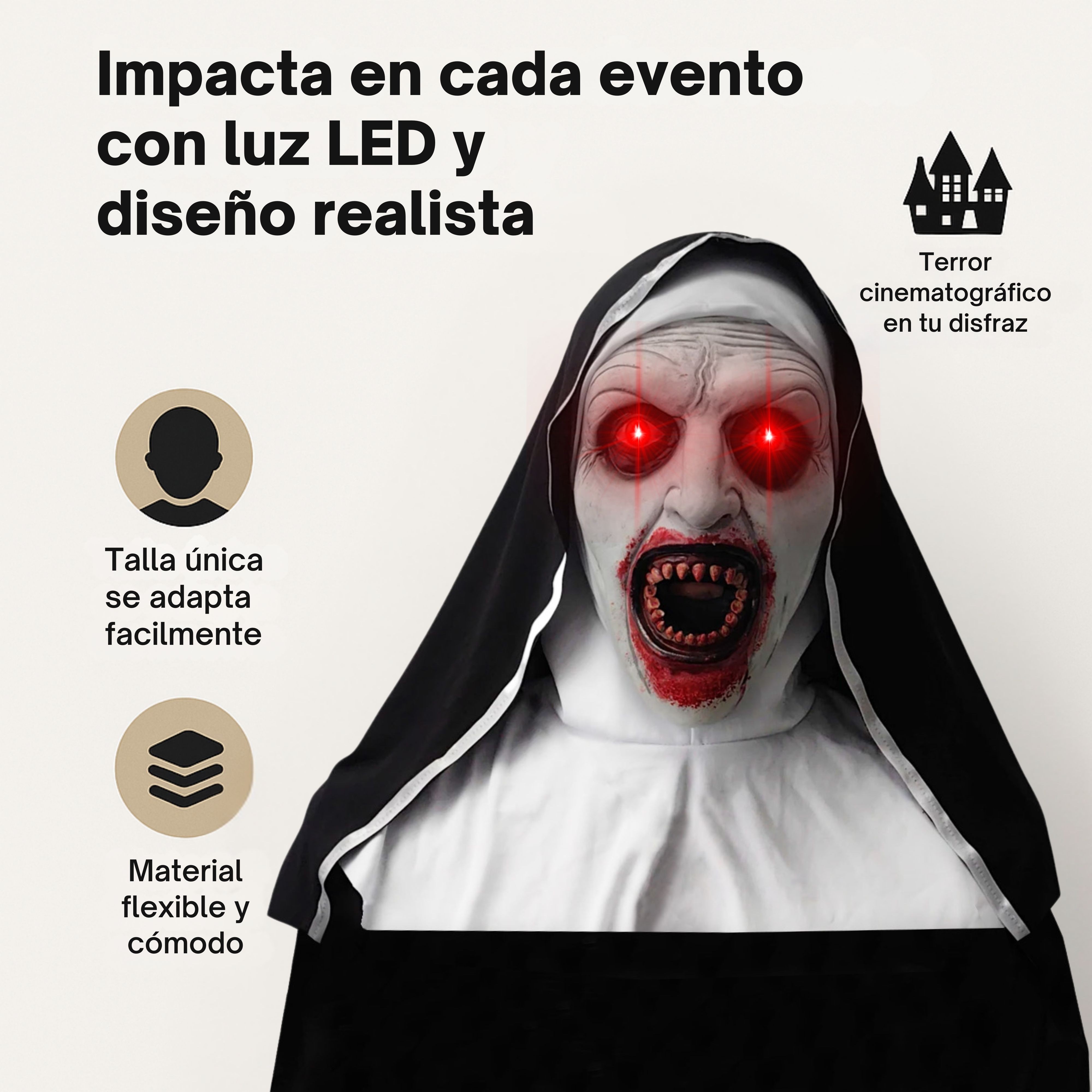 Kit 5 Mascaras La Monja L&aacute;tex Realista con Ojos LED Halloween Adulto Pilas Incluidas Talla &Uacute;nica image number null
