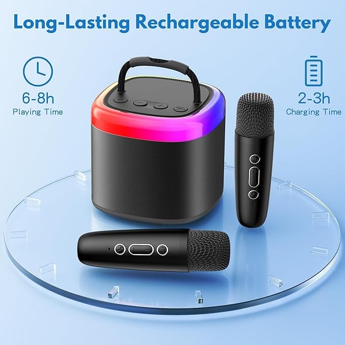 A JYX Mini M&aacute;quina de Karaoke, Portable Bluetooth Karaoke Speaker Unpowered Cabinets with 2 Wireless Microphones and Party Lights for Kids and Adults, Birthday Gifts for Girls Boys Family Home Party. image number null