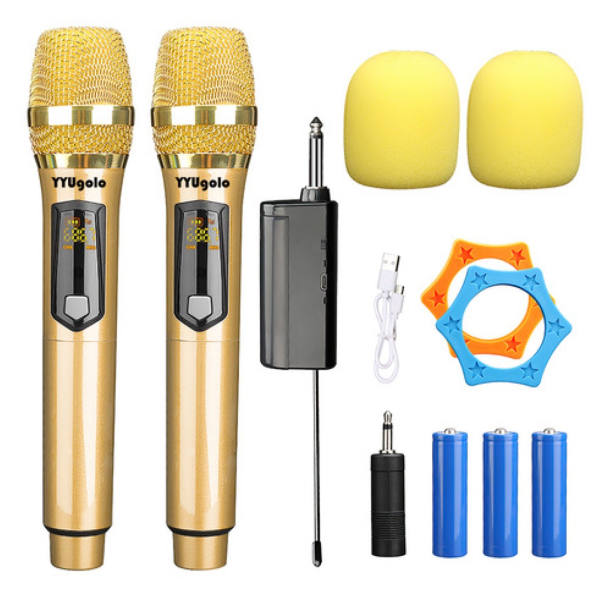 "YYUgolo MIC 402 Micr&oacute;fono Inal&aacute;mbrico Profesional Karaoke Kit 2pcs Color Oro " image number null