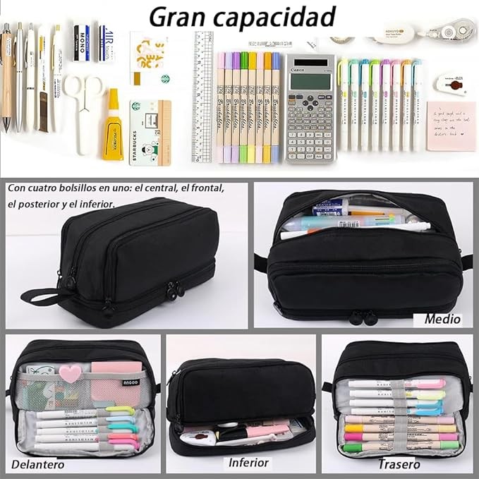 AZULDIMEN Estuche para l&aacute;pices de gran capacidad con 4 compartimentos, estuche para l&aacute;pices con m&uacute;ltiples ranuras, organizador de papeler&iacute;a para el trabajo de oficina escolar (Negro). image number null