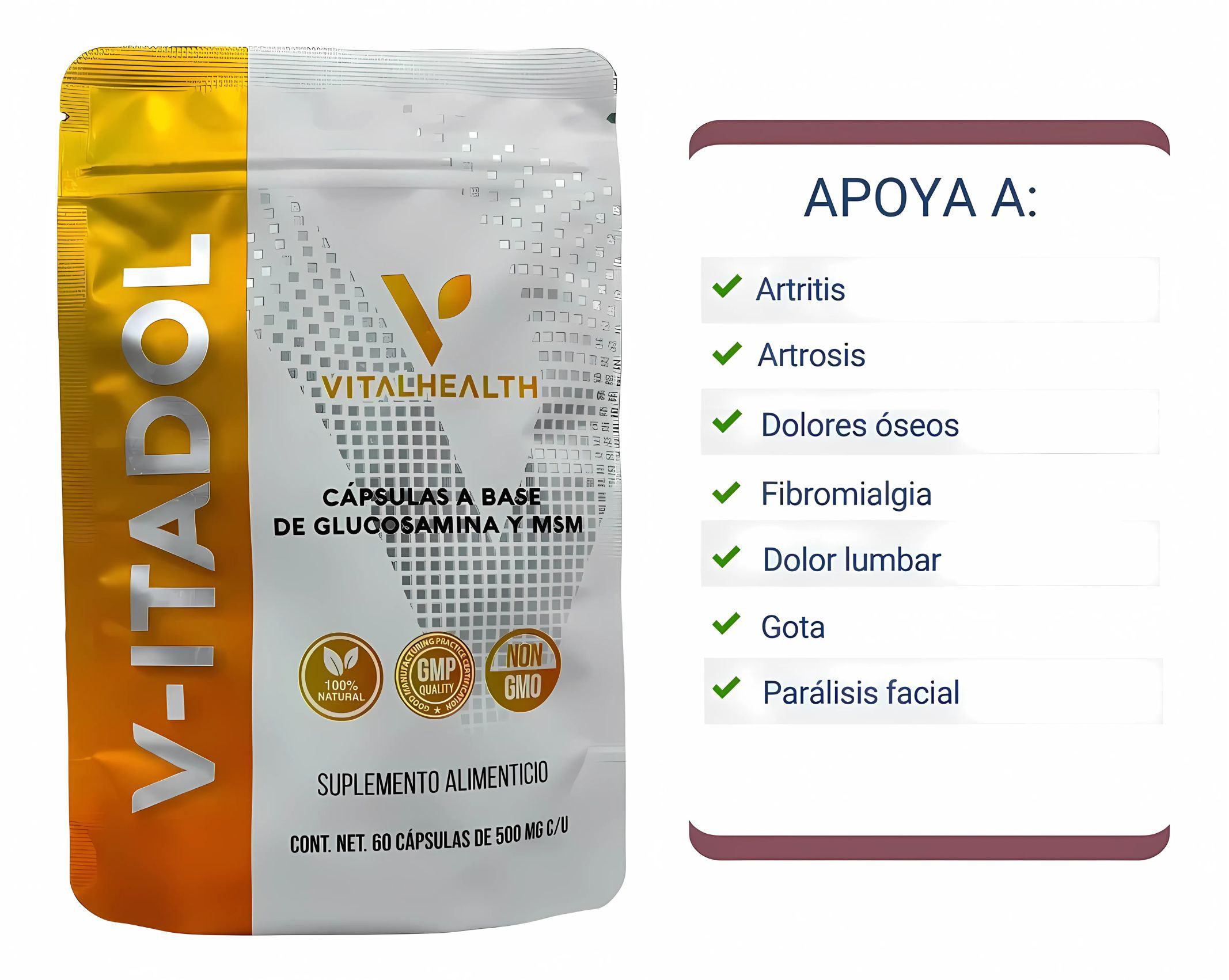 VITADOL VitalHealth | Suplemento Natural para Articulaciones y M&uacute;sculos | 60 C&aacute;psulas con Glucosamina MSM Zarzaparrilla image number null