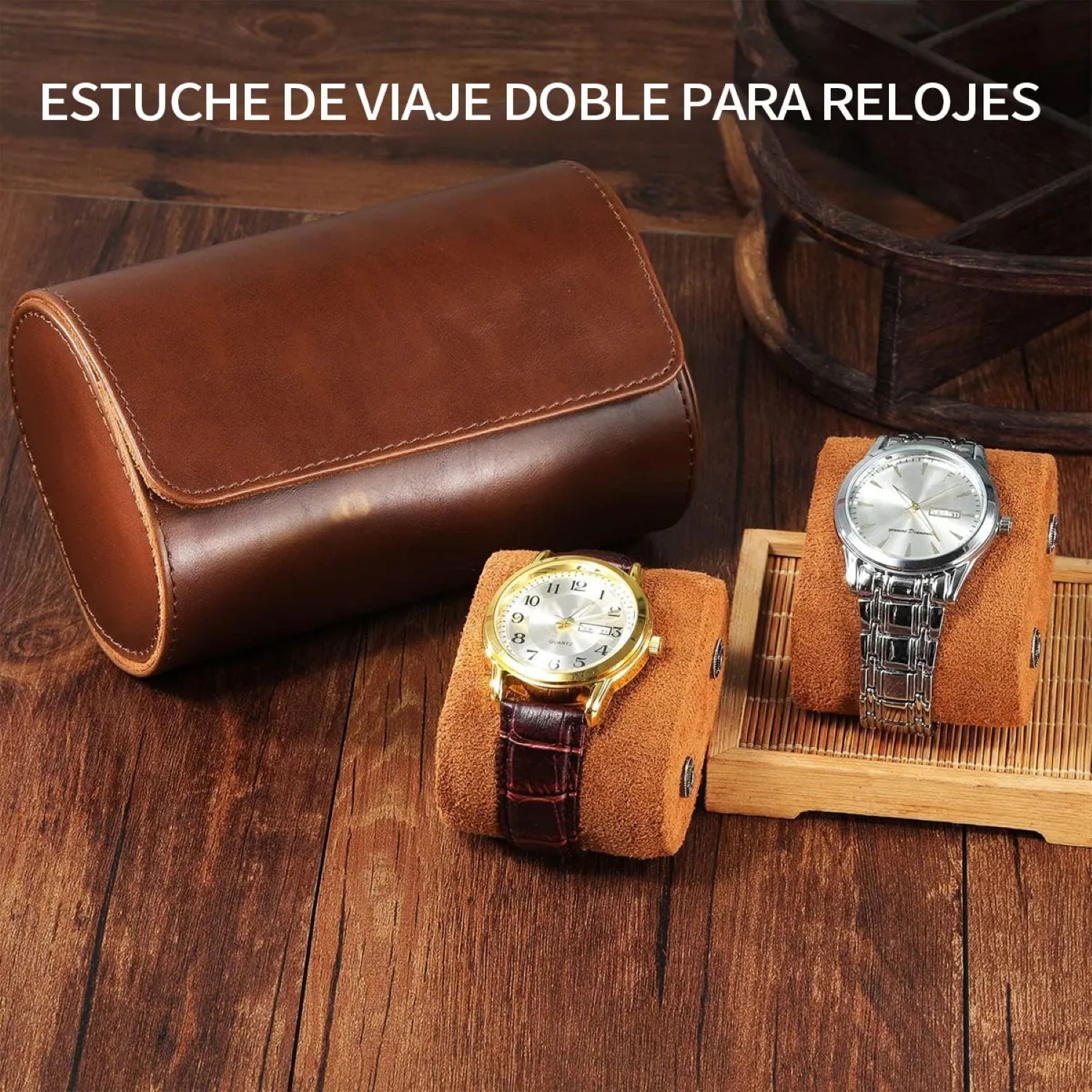 Estuche Cuero De Almacenamiento Para 2 Relojes Cafe Oscuro image number null