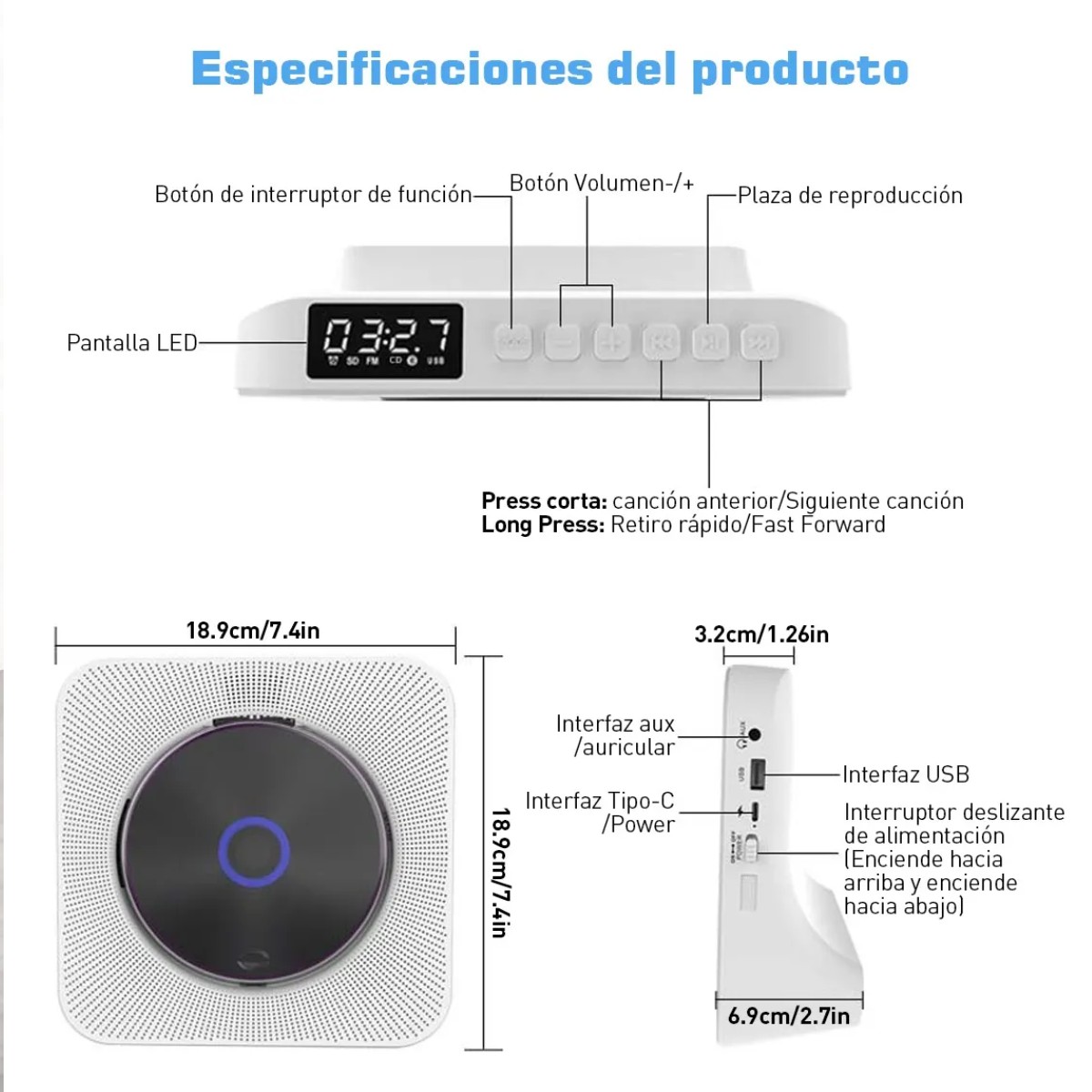 Reproductor De Cd Port&aacute;til Malubero Bluetooth Con Altavoces M&uacute;sica image number null