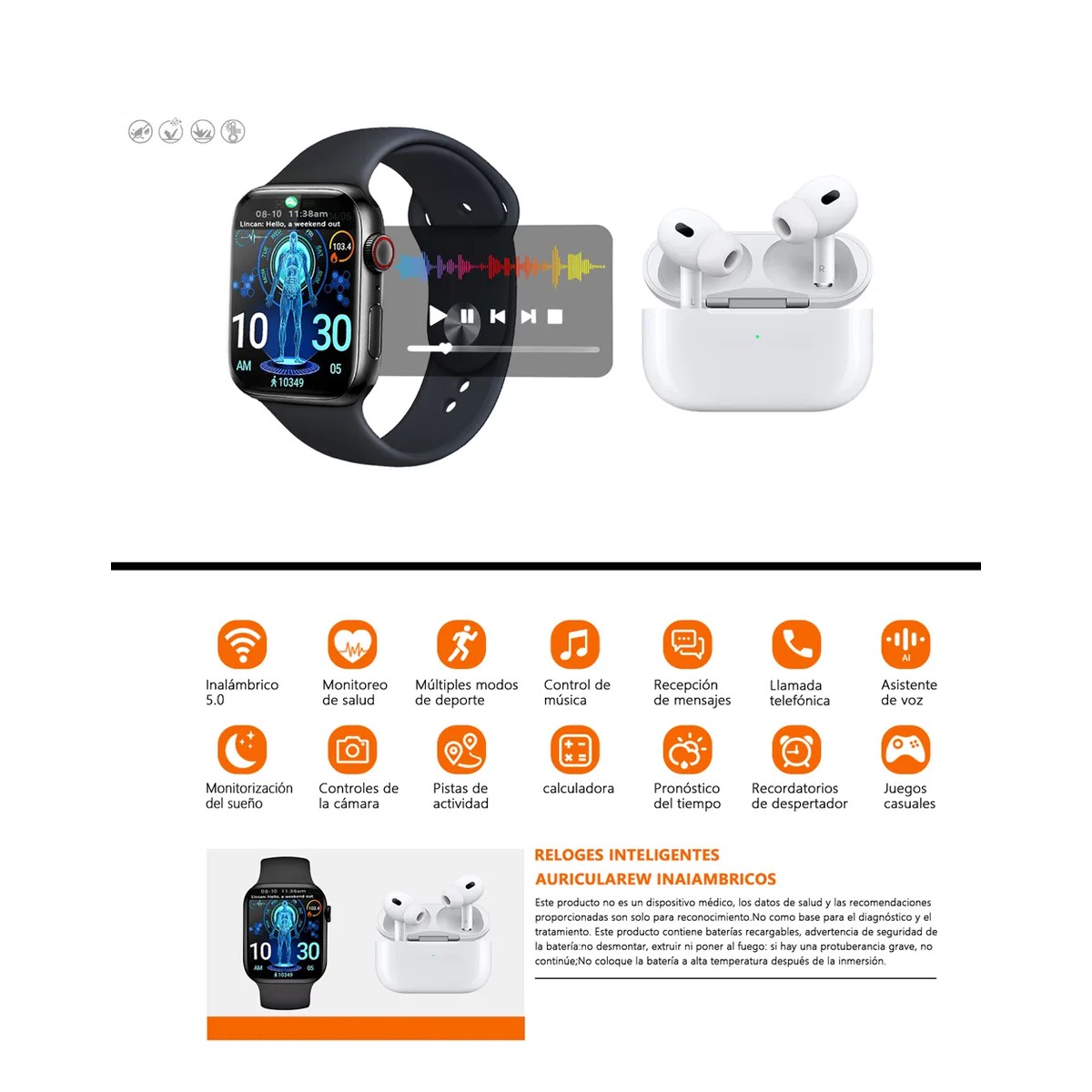 Smartwatch Reloj Inteligente Auriculares Bluetooth 2 En 1 Negro image number null