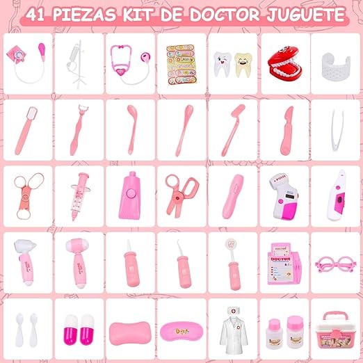M KITCHEN CHOICE Juego de Doctor para Ni&ntilde;os,41Pcs Kit de Doctora Juguetes para Nina,Doctora Juguetes con Luz y Sonido Incluir Estetoscopio,Bata de Laboratorio,Regalos para Ni&ntilde;o y Ni&ntilde;a de 3+ A&ntilde;os(Rosa). image number null