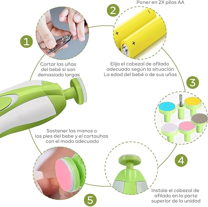 Lima de u&ntilde;as bebe Corta&uacute;&ntilde;as LED para beb&eacute;s, seguridad el&eacute;ctrica, corta&uacute;&ntilde;as para beb&eacute;s, kit de lima de u&ntilde;as para beb&eacute;s, image number null
