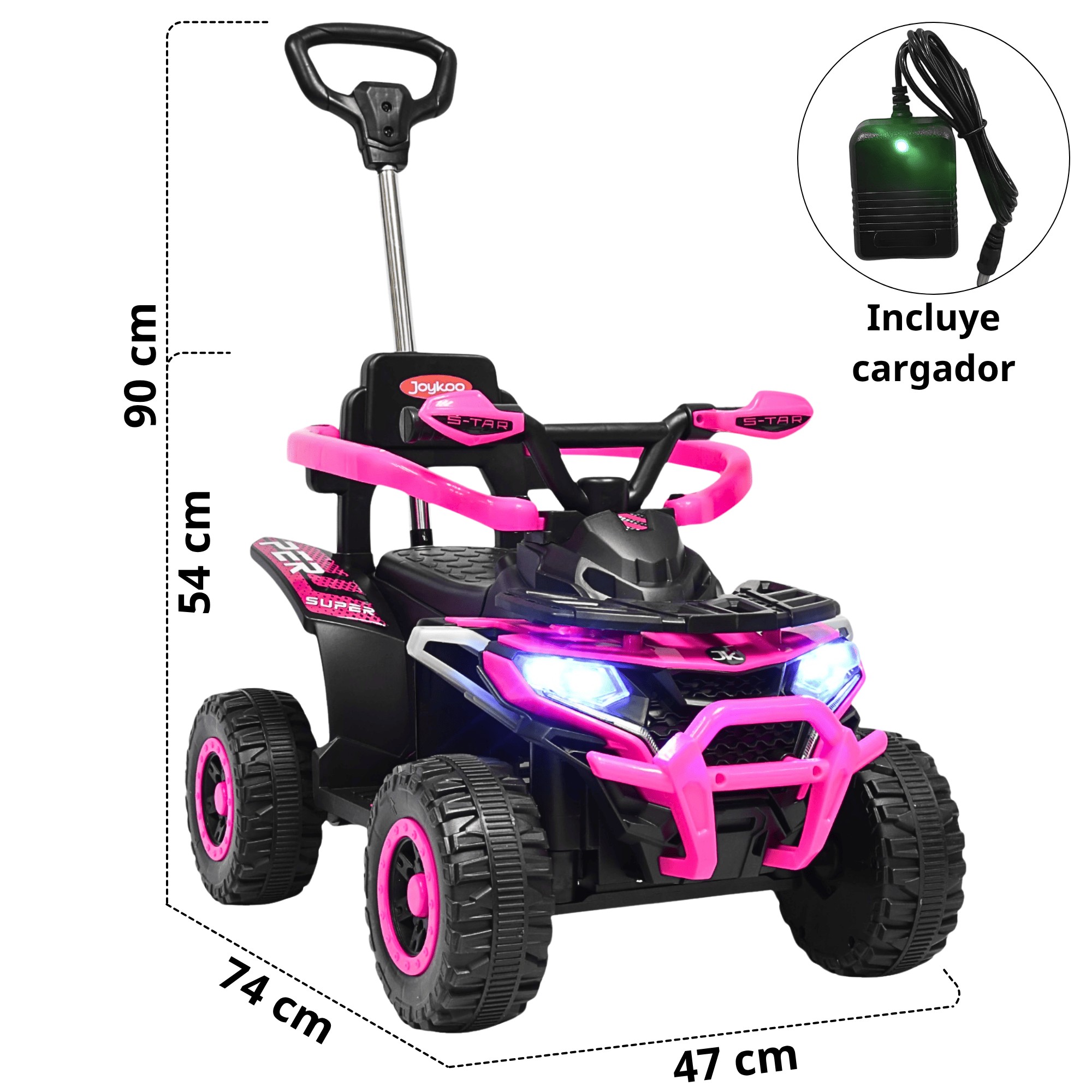 Montable Electrico para Ni&ntilde;os H&iacute;brido con Bast&oacute;n Dirigible Pedal Acelerador Barras de Seguridad Luces Bater&iacute;a 6v - Rosa image number null