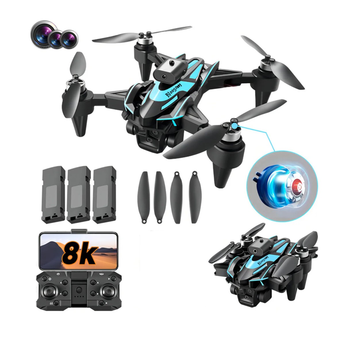 Drone Con Dual C&aacute;mara 8k Negro 2.4ghz 3 Bater&iacute;a Negro image number null