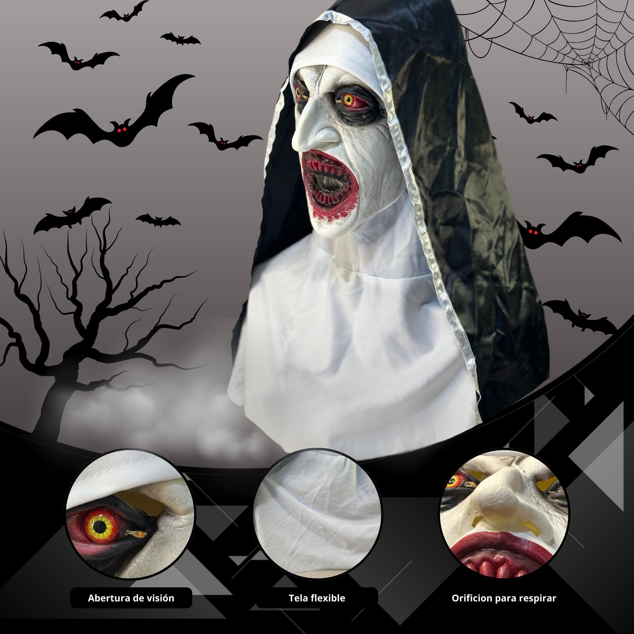 Kit 5 Mascaras La Monja L&aacute;tex Realista con Ojos LED Halloween Adulto Pilas Incluidas Talla &Uacute;nica image number null