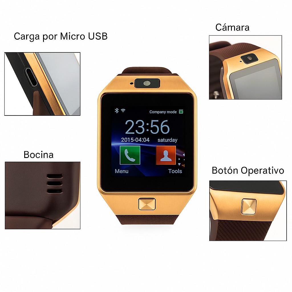 Smartwatch Dz09 Con Bluetooth, C&aacute;mara, Cronometro, Llamadas - Reloj Inteligente Dorado. image number null