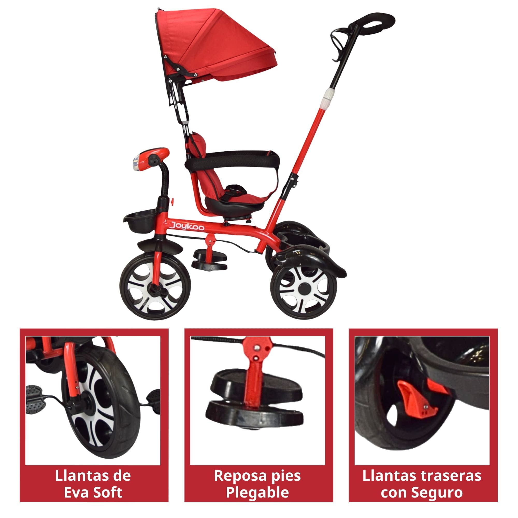 Triciclo Evolutivo para Ni&ntilde;os Giratorio 360 con Luz y Sonido Ruedas de Eva Toldo y Bast&oacute;n de Empuje - Rojo image number null