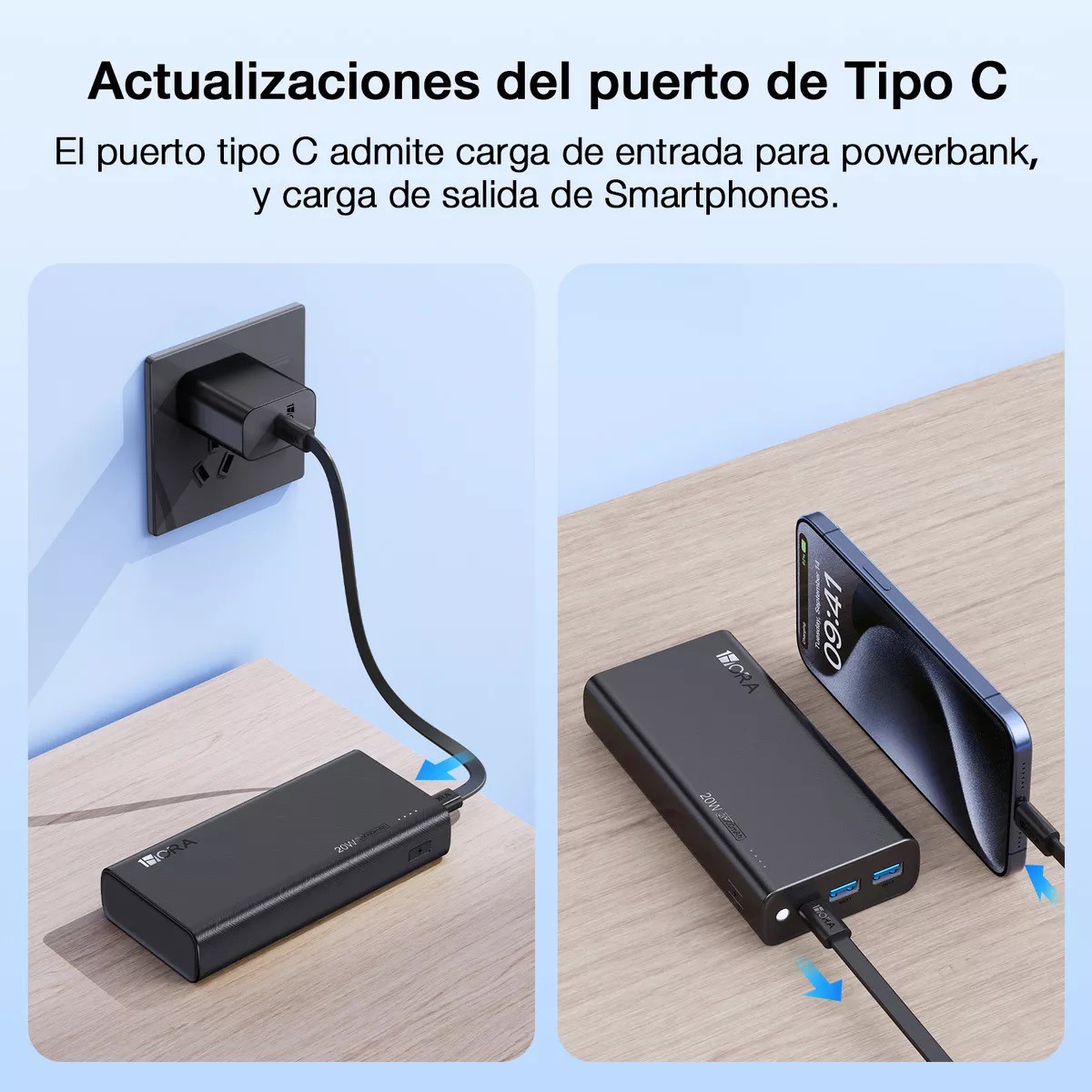 Power Bank Bater&iacute;a Port&aacute;til 20000mah Pd 20w Carga R&aacute;pida Con 2 Puertos negro. image number null