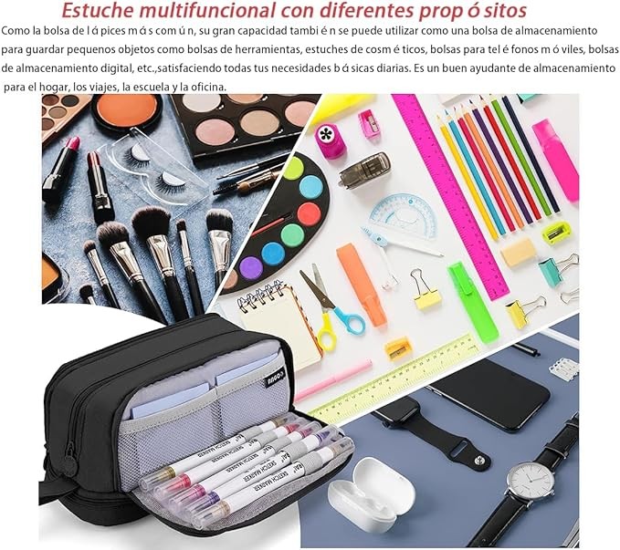 AZULDIMEN Estuche para l&aacute;pices de gran capacidad con 4 compartimentos, estuche para l&aacute;pices con m&uacute;ltiples ranuras, organizador de papeler&iacute;a para el trabajo de oficina escolar (Negro). image number null
