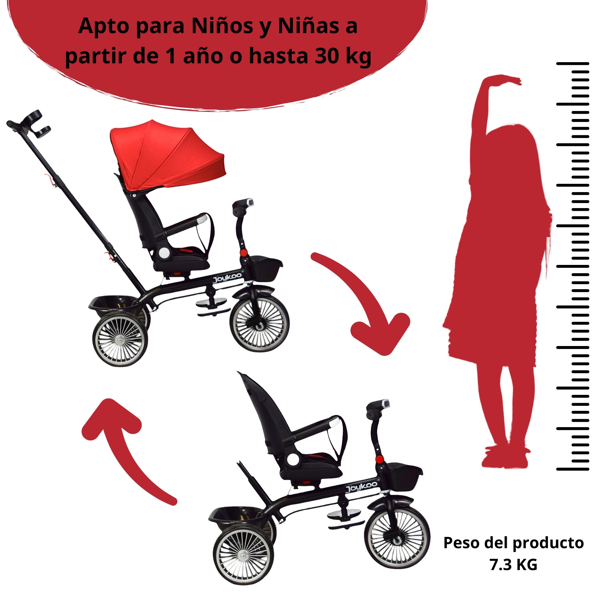 Triciclo para Ni&ntilde;os Asiento Giratorio Reclinable con Luz y Sonido - Rojo image number null