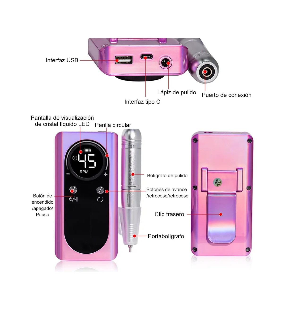 Pulidor De U&ntilde;as Esmeril Profesional Drill Port&aacute;til 45000 Rpm Rosa Tornasol Bloosom image number null