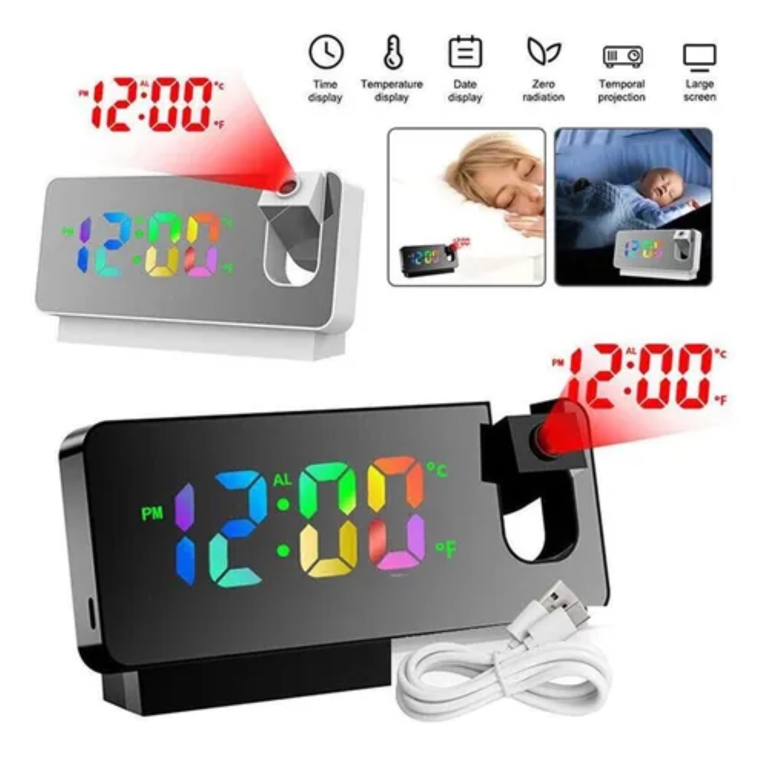 Reloj Despertador De Proyecci&oacute;n De Escritorio Led Colorido image number null