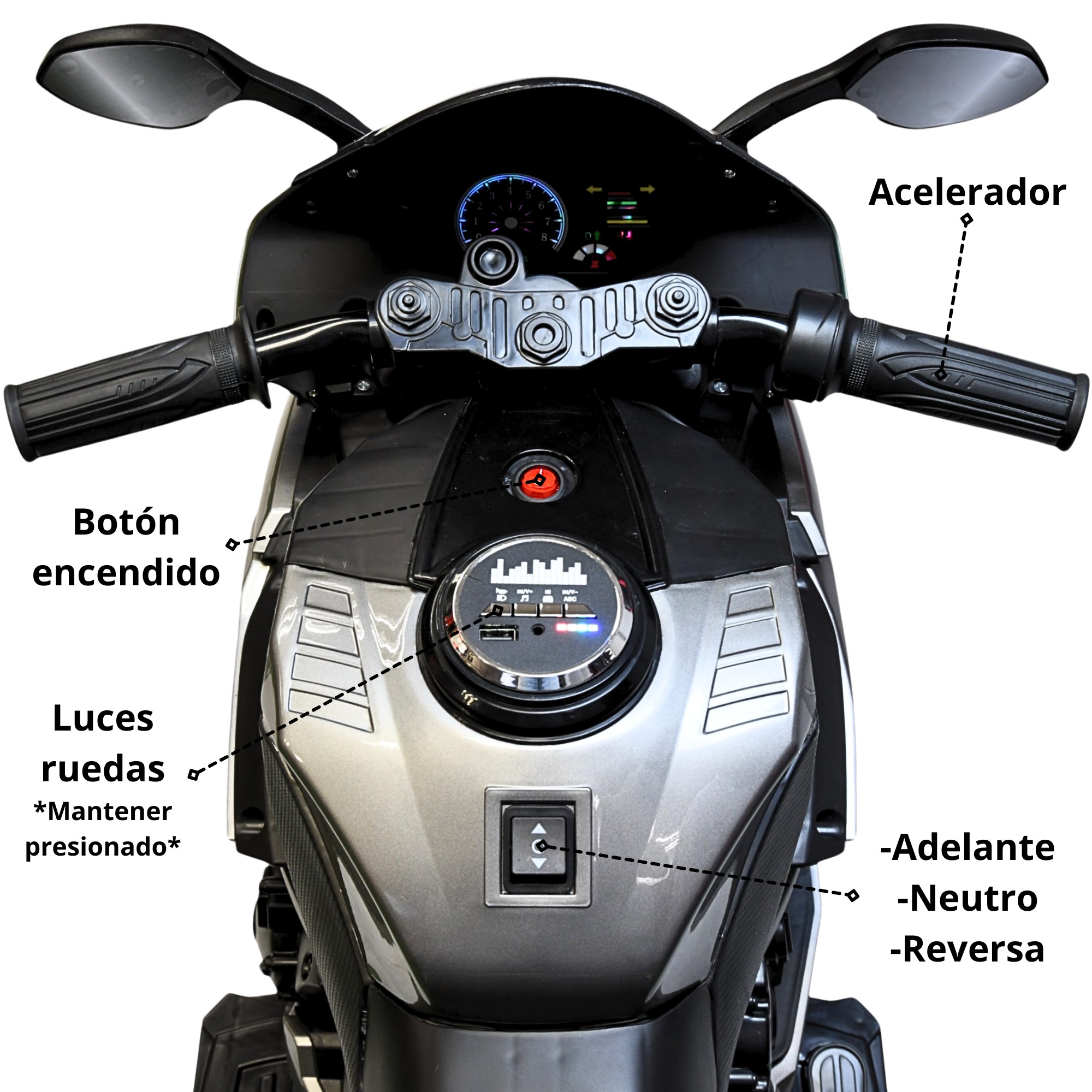 Moto Montable El&eacute;ctrica para Ni&ntilde;os Luces Led Sonido y Freno Bater&iacute;a 12v- Gris image number null