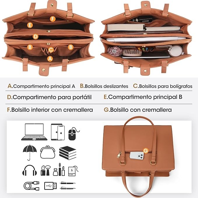 A Bolsas de mujer para Laptop 15.6 Pulgadas Maletin para laptop mujer Impermeable Tote bag mujer de Gran Capacidad Portafolios para mujer Negra, Marr&oacute;n. image number null