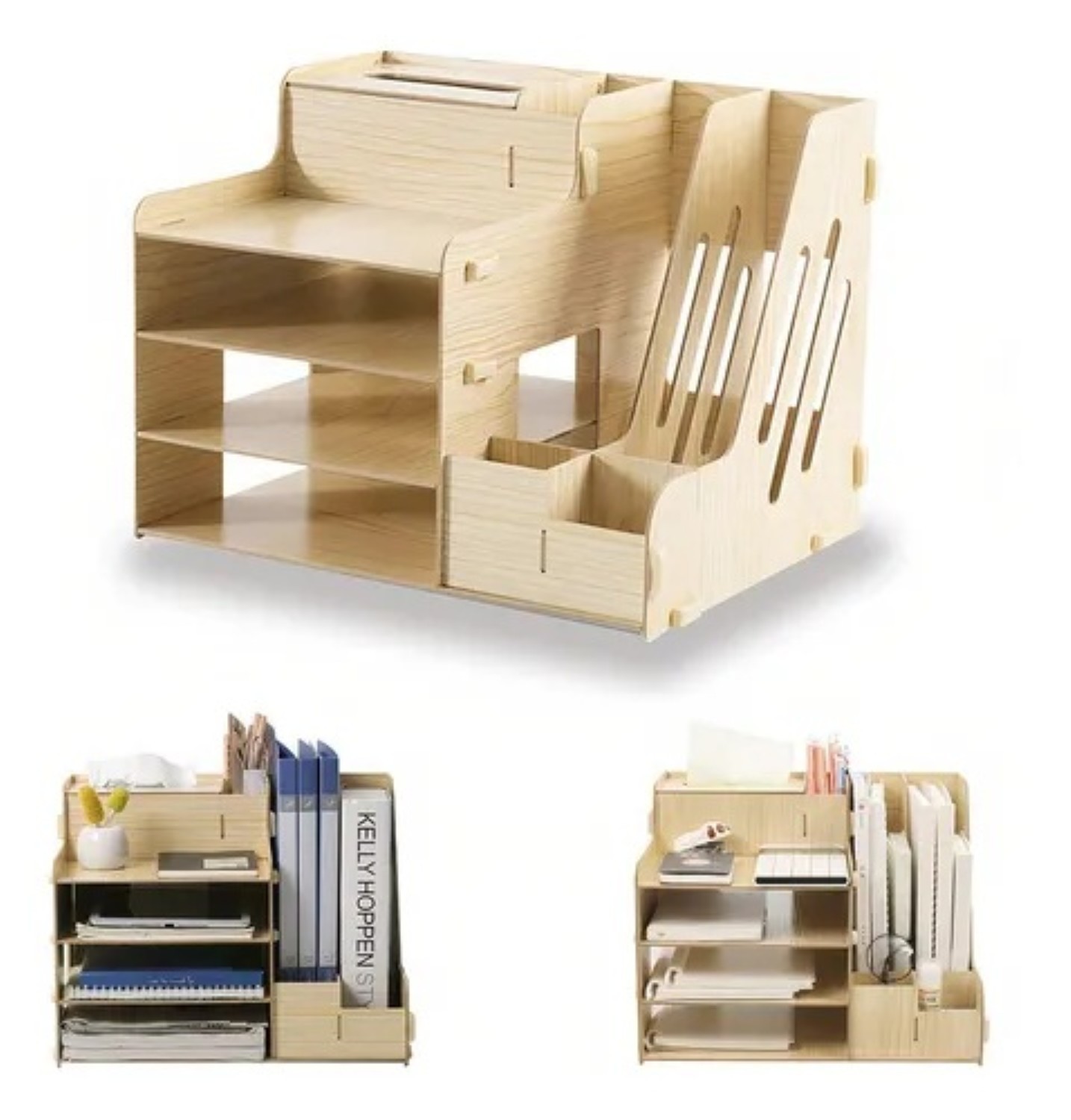 Organizador De Escritorio Para Oficina Hogar Armable Madera Claro image number null