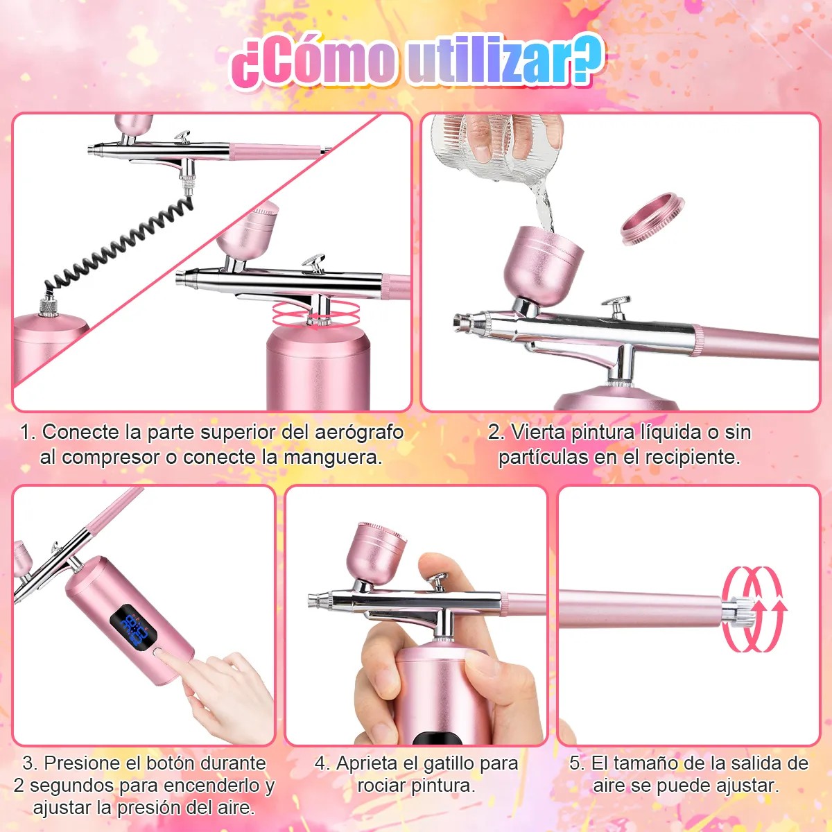 Kit Aer&oacute;grafo Compresor De Aire Portatil Profesional Recargable Rosa image number null