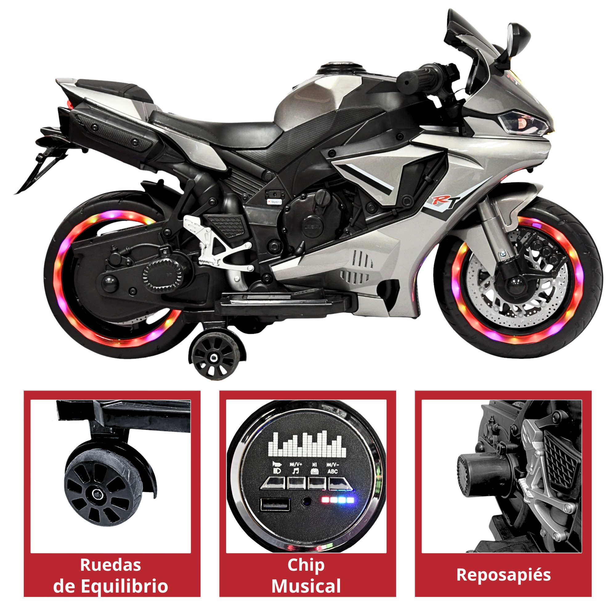 Moto Montable El&eacute;ctrica para Ni&ntilde;os Luces Led Sonido y Freno Bater&iacute;a 12v- Gris image number null