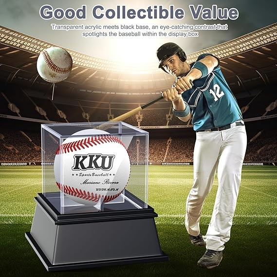 A KKU - Vitrina de b&eacute;isbol de acr&iacute;lico gruesa con elegante base negra, resistente al polvo con protecci&oacute;n UV, estuche de b&eacute;isbol transparente para pelotas firmadas. image number null