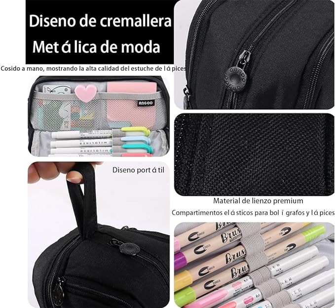 AZULDIMEN Estuche para l&aacute;pices de gran capacidad con 4 compartimentos, estuche para l&aacute;pices con m&uacute;ltiples ranuras, organizador de papeler&iacute;a para el trabajo de oficina escolar (Negro). image number null