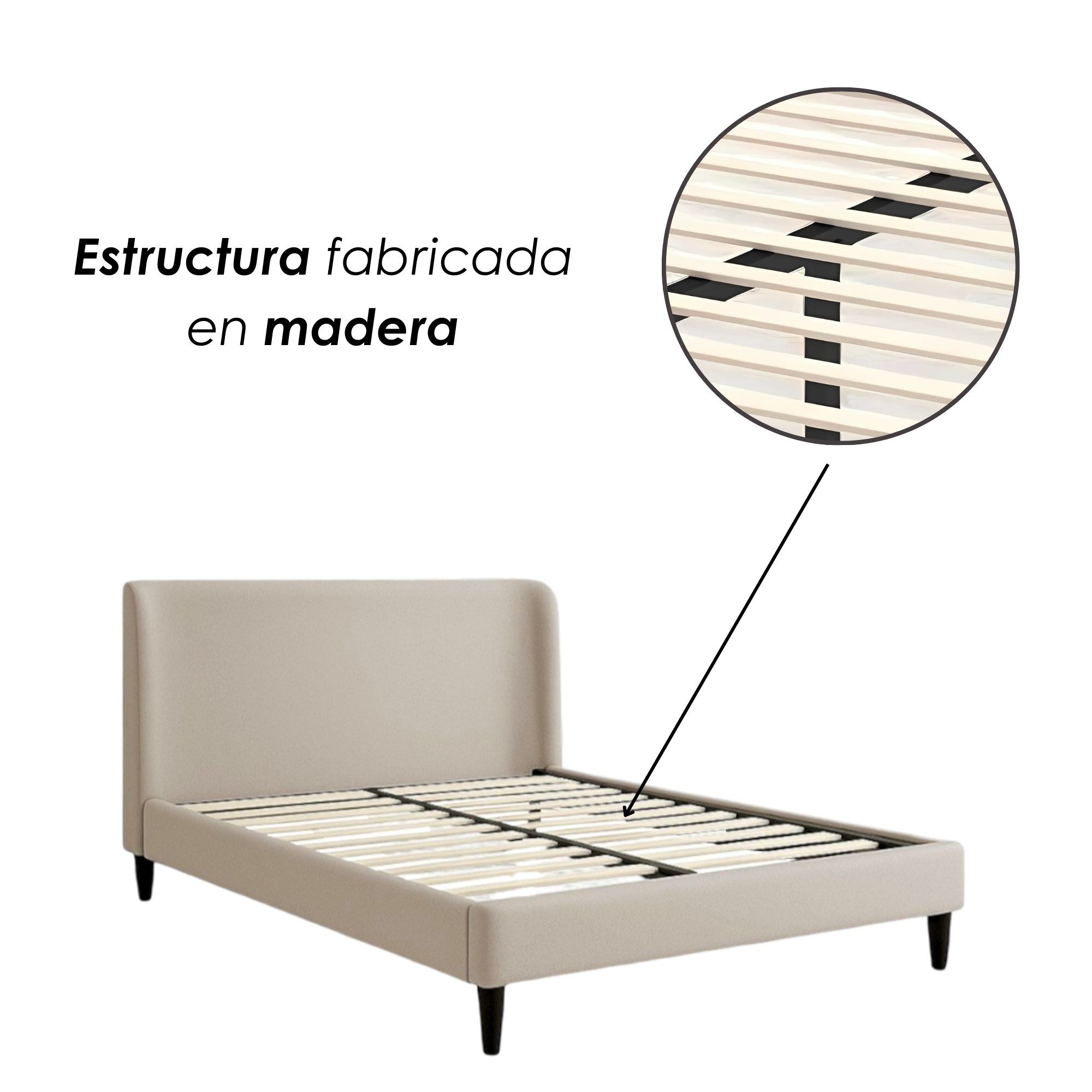 Ilios Innova | Cama Matrimonial Beige con Cabecera Tapizada en Lino y Poli&eacute;ster | Estructura de Madera Resistente image number null