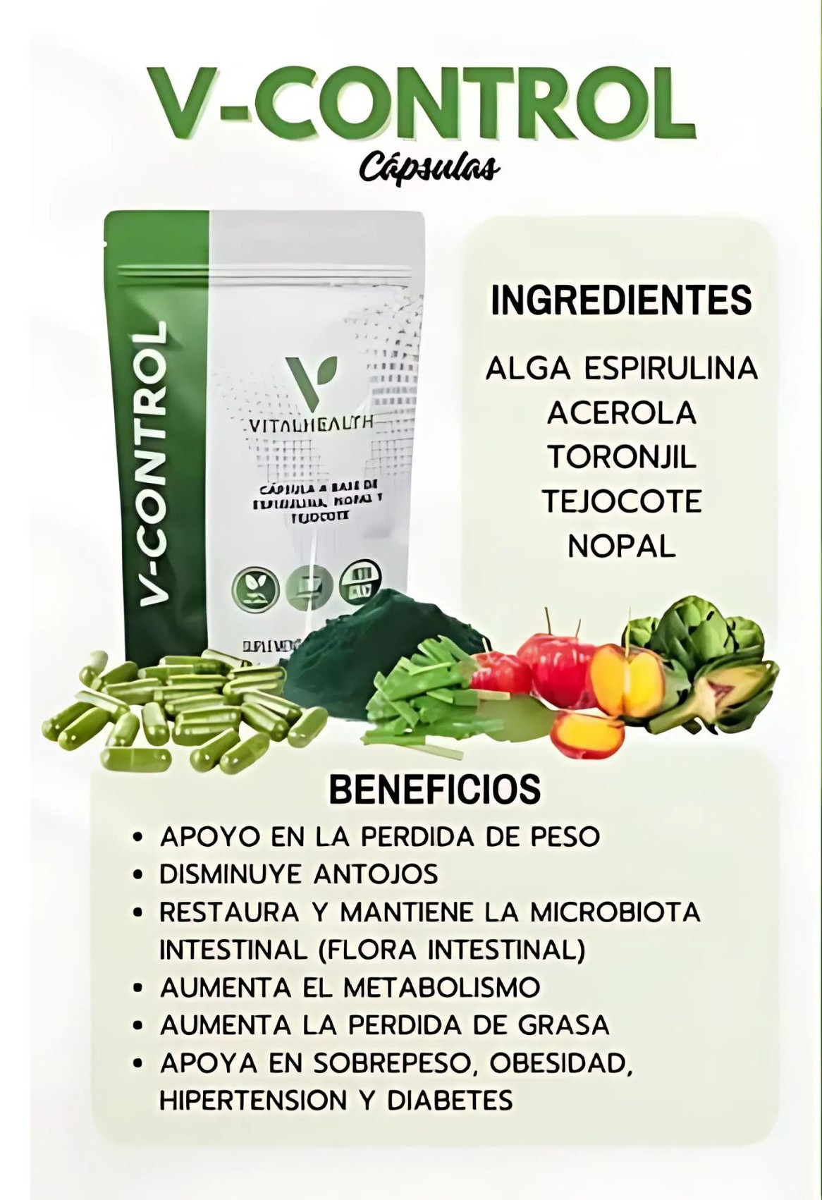 V-Control VitalHealth 60 C&aacute;psulas | Suplemento Natural para Control de Peso Metabolismo y Energ&iacute;a | F&oacute;rmula PremiumExtra image number null
