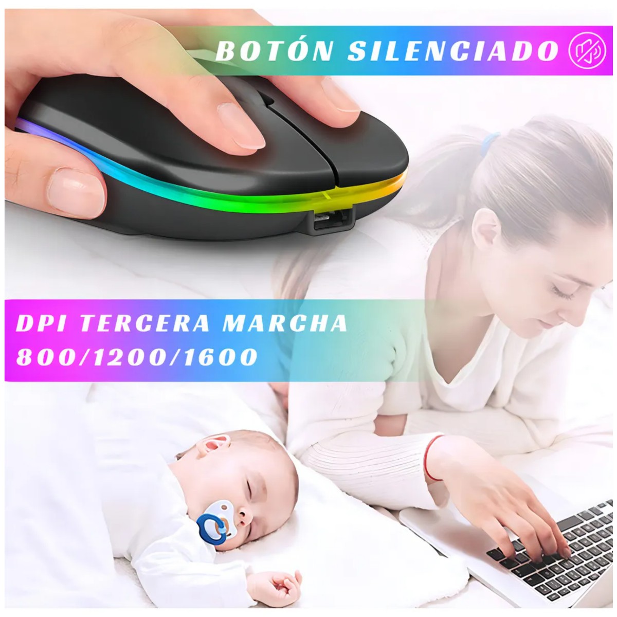 2pzs Rat&oacute;n Silencioso De Oficina Inal&aacute;mbrico Recargable Negro image number null