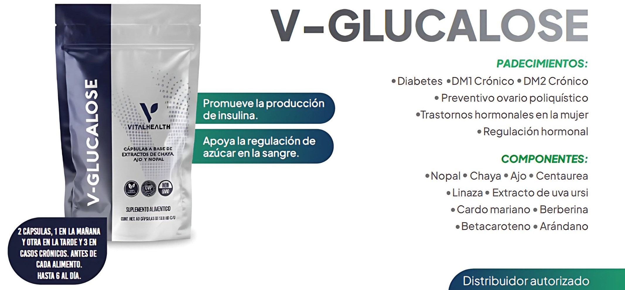 V-Glucalose VitalHealth 60 C&aacute;psulas | Control de az&uacute;car, insulina y metabolismo | Suplemento natural 100% natural NoGMO. image number null
