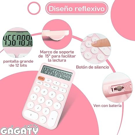 A GAGATY Calculadora Est&aacute;ndar de 12 D&iacute;gitos, Pantalla Grande de Escritorio y Botones, Calculadora con Pantalla LCD Grande para Oficina, Escuela, Hogar y Negocios, Suspensi&oacute;n Autom&aacute;tica (Rosa y Blanco). image number null