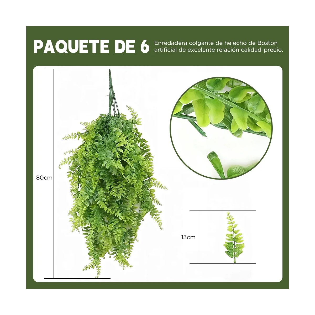 Plantas Artificiales Colgantes Decorativas Helecho De Boston 6 Pzas image number null