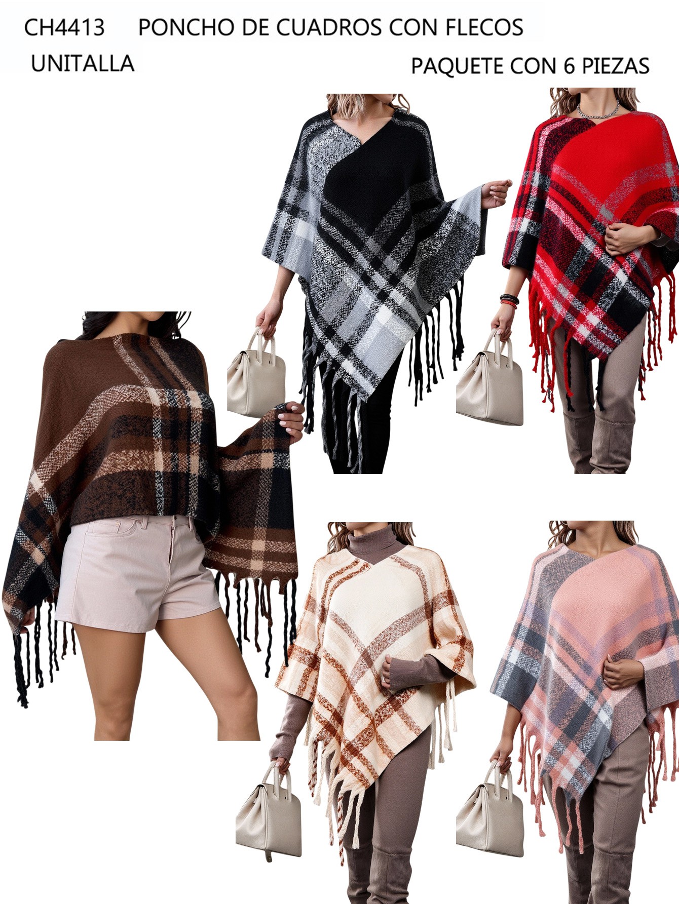 PAQUETE 6 PIEZAS PONCHO DE CUADROS CON FLECOS image number null