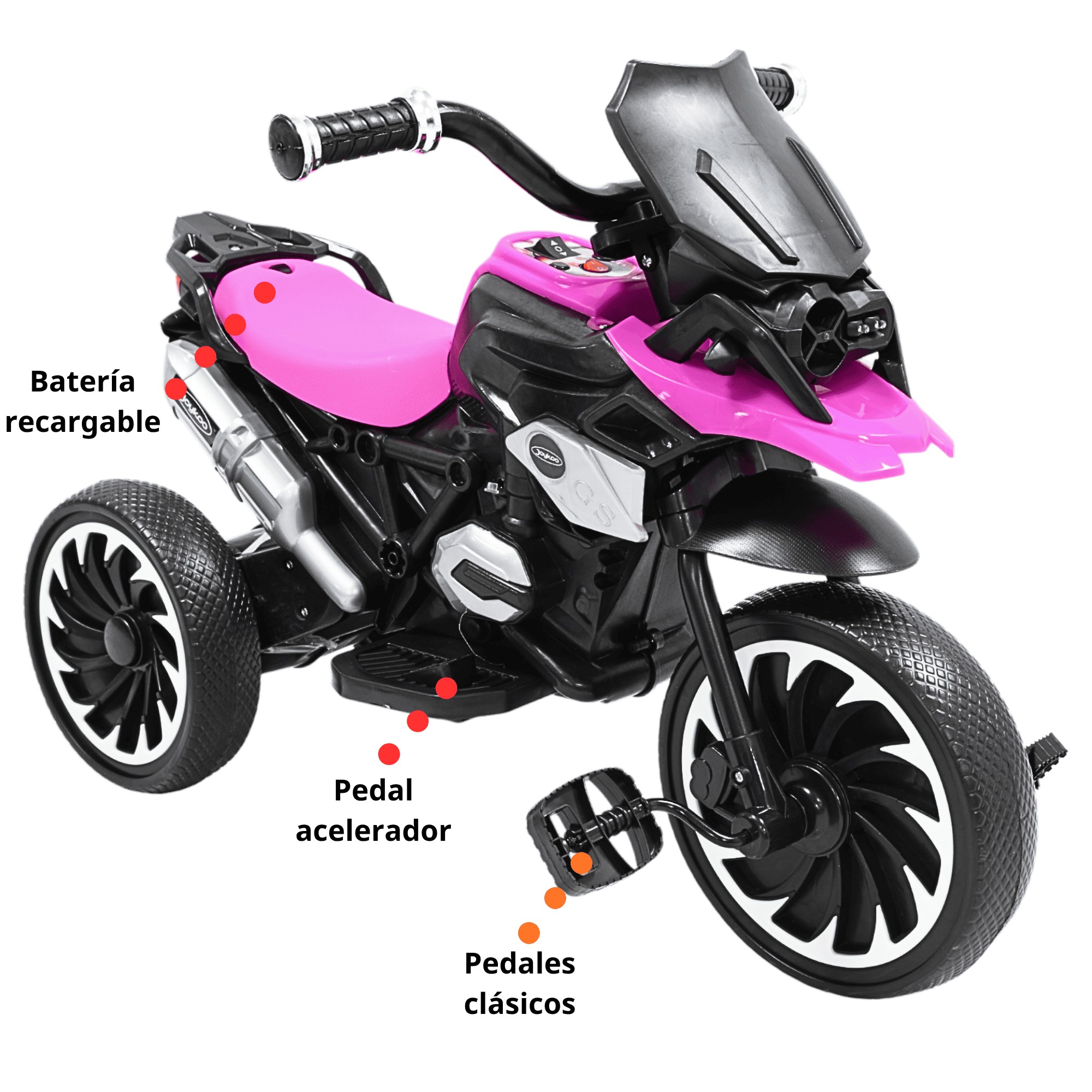 Moto Montable El&eacute;ctrica para Ni&ntilde;os Triciclo H&iacute;brido con Luces y Sonido Recargable 6v Soporta hasta 30 kg - Rosa image number null