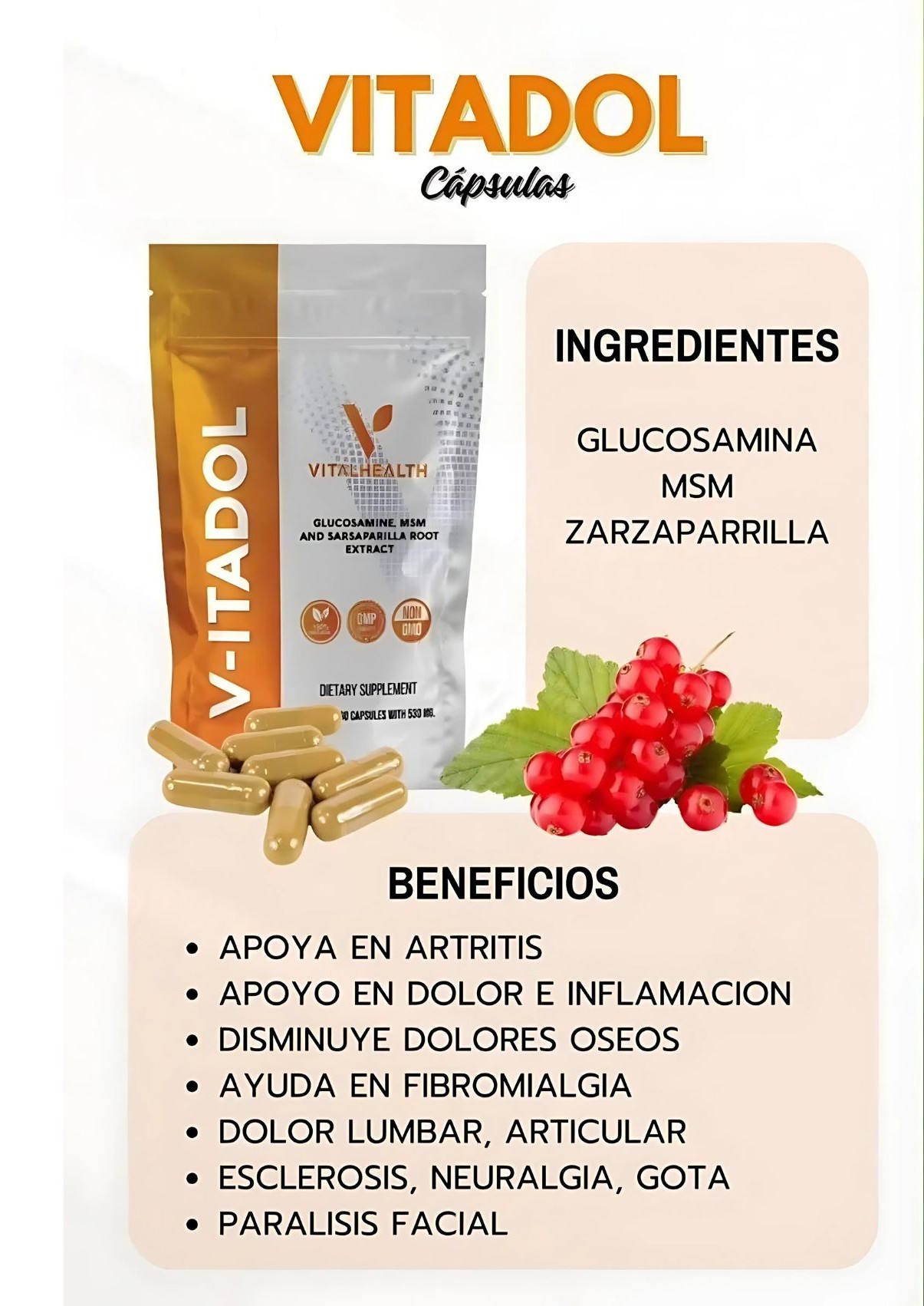 VITADOL VitalHealth | Suplemento Natural para Articulaciones y M&uacute;sculos | 60 C&aacute;psulas con Glucosamina MSM Zarzaparrilla image number null