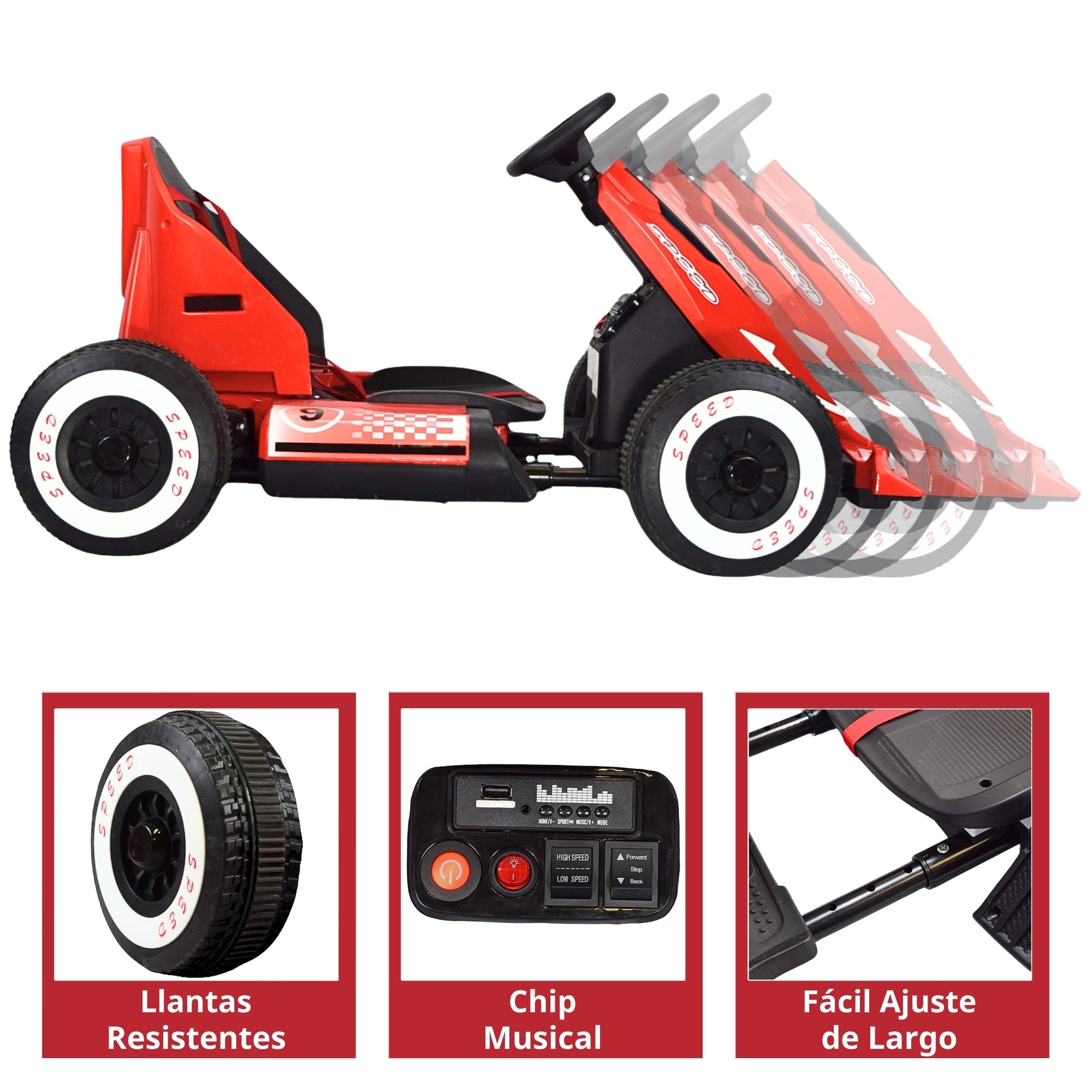 Montable Electrico Go Kart para Ni&ntilde;os Largo Ajustable Luz 12v - Rojo image number null